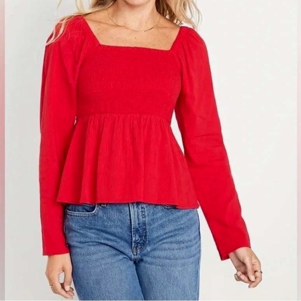 Old Navy Smocked Crepe Top Sz XL Long Puff Sleeve Red Square Neck